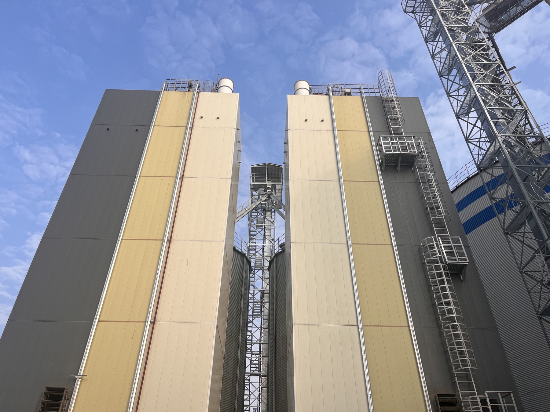 Twin FTSILO grain drying towers viewed from below